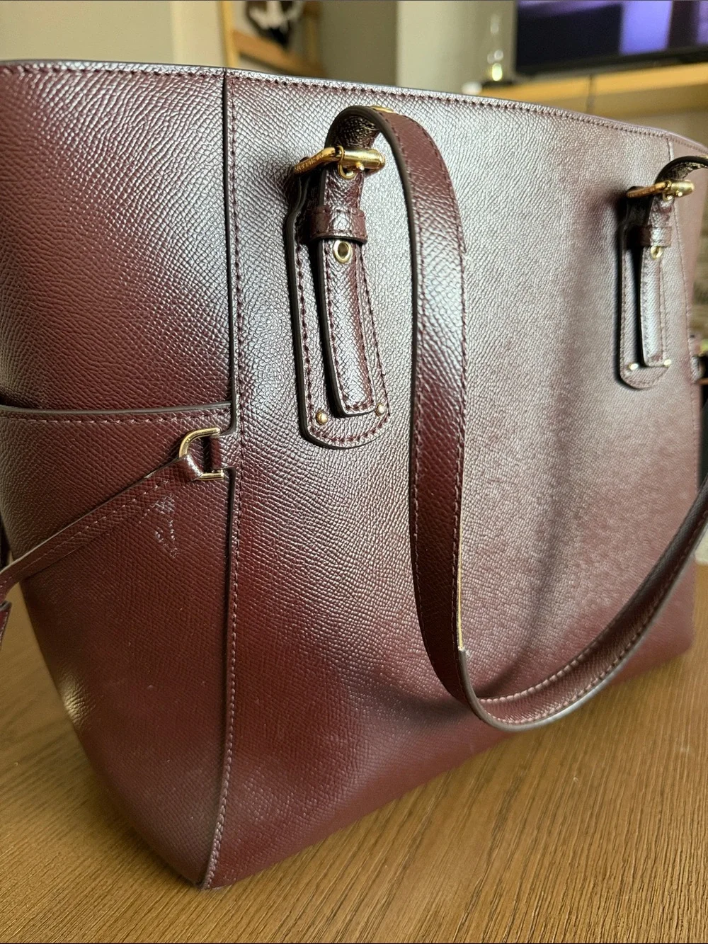 Michael Kors Maroon Saffiano Leather Tote with Gold Hardware